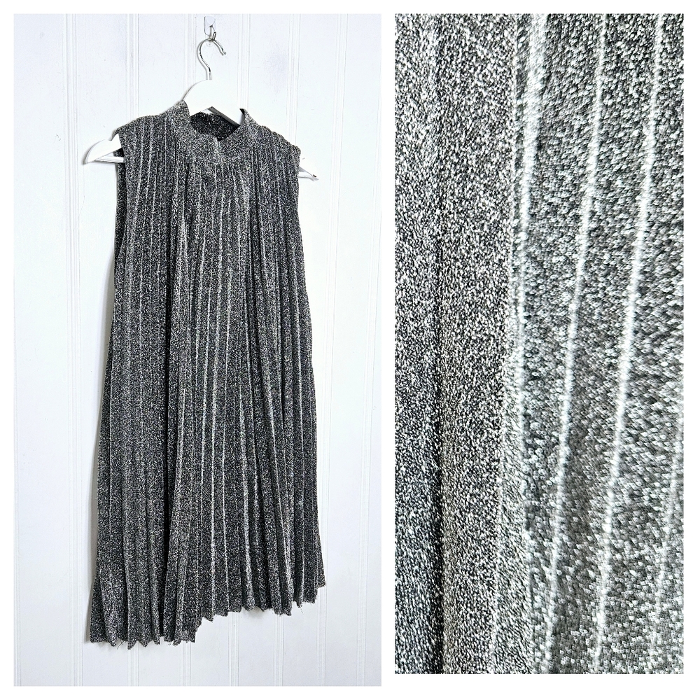 The Korner Silver Metallic High Neck Pleated A-Line Dress Women’s S Lined
